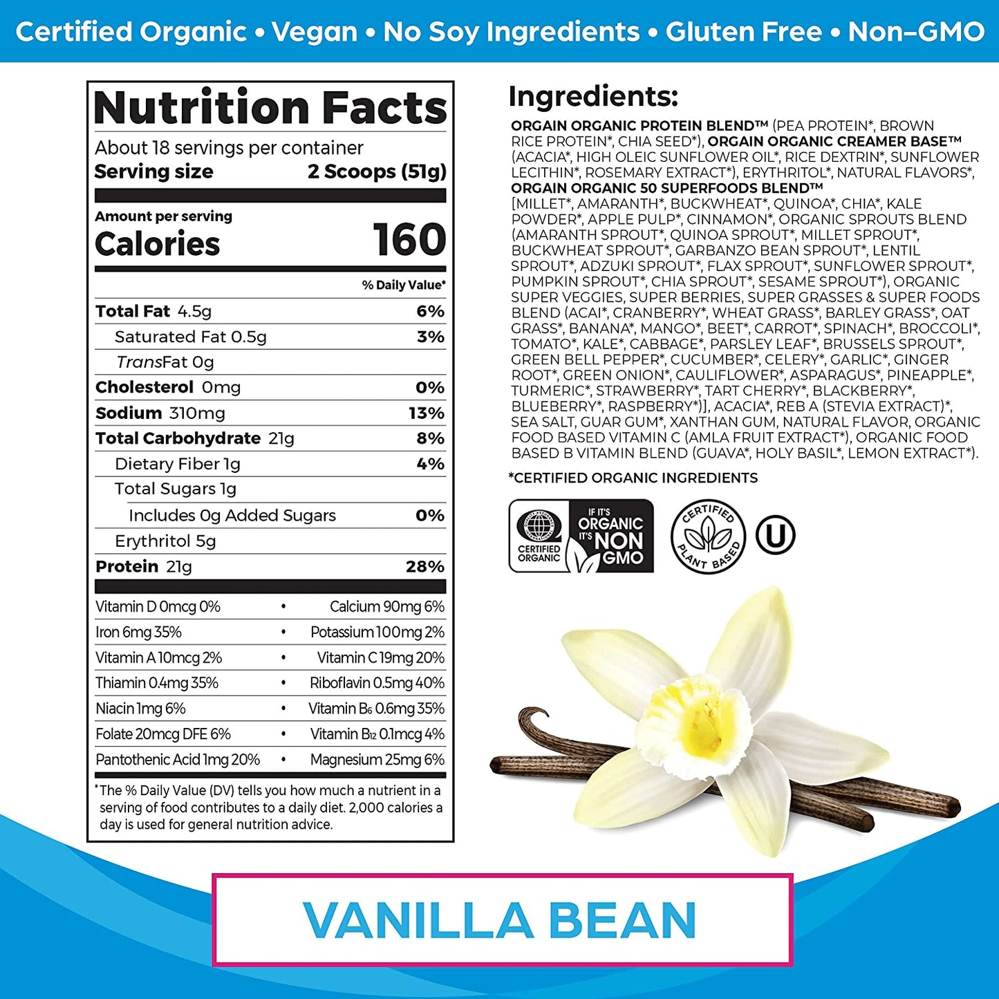 Orgain Organic Protein + Superfoods Powder, Vanilla Bean 2.02lb