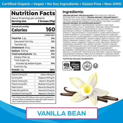 Orgain Organic Protein + Superfoods Powder, Vanilla Bean 2.02lb