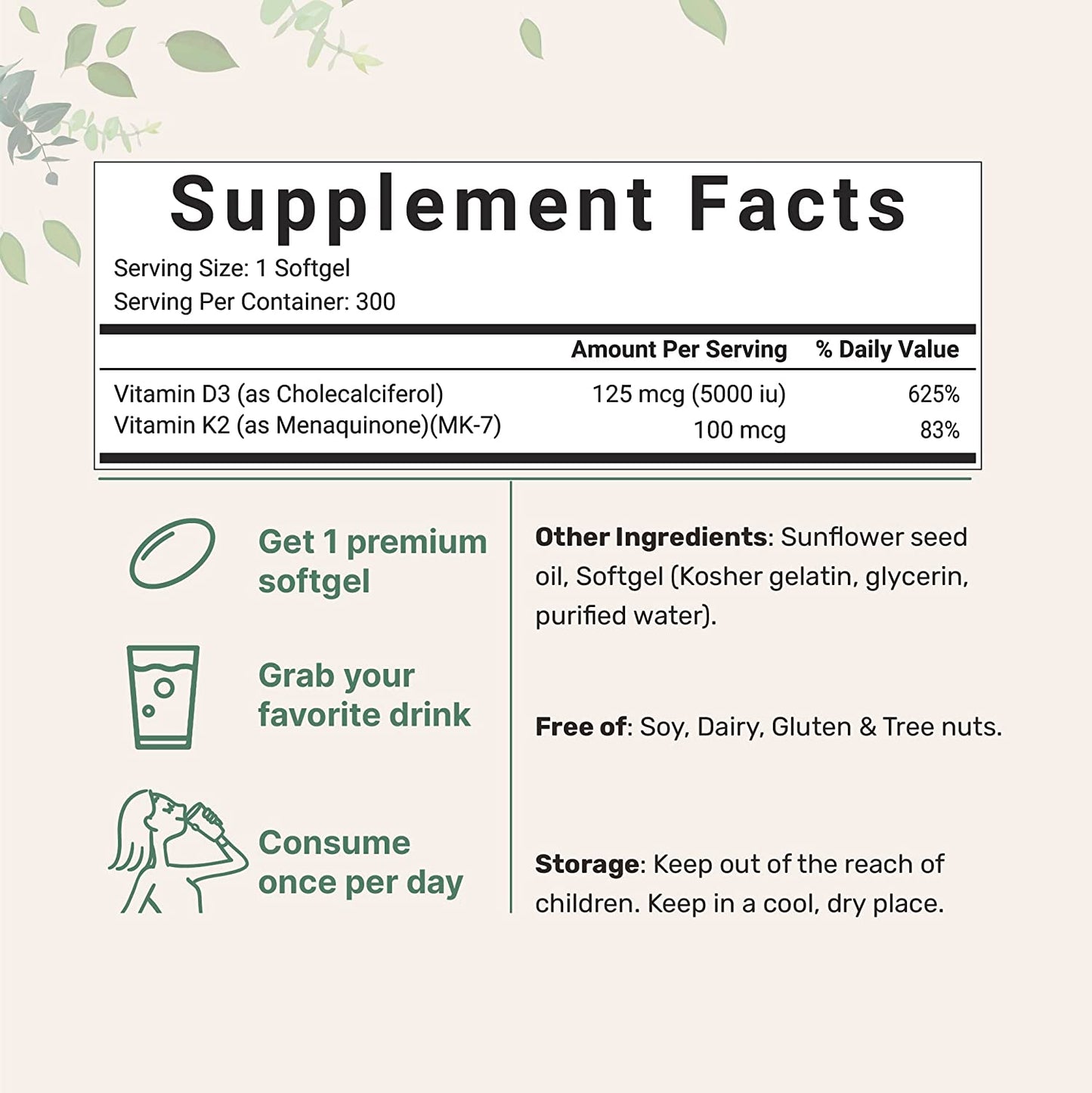 Vitamin D3 5000IU Plus K2 300 Softgels