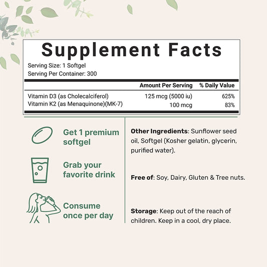 Vitamin D3 5000IU Plus K2 300 Softgels